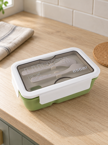 T&CO 850ml bento lunch box in refreshing sage green with white snap latch lid and top cutlery compartment containing fork and spoon