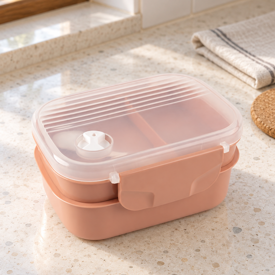 T&CO double layer bento lunch box in dusty coral blush pink with frosted translucent ribbed lid and circular silicone steam release valve