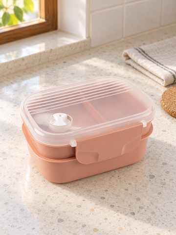 T&CO double layer bento lunch box in dusty coral blush pink with frosted translucent ribbed lid and circular silicone steam release valve