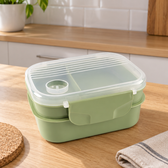 T&CO double layer bento lunch box in earthy sage green with translucent ribbed lid and circular silicone steam release valve