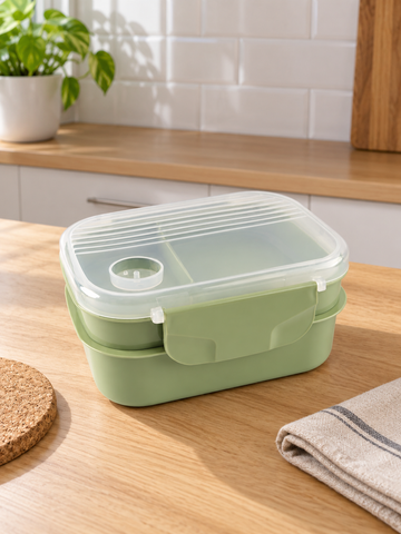 T&CO double layer bento lunch box in earthy sage green with translucent ribbed lid and circular silicone steam release valve