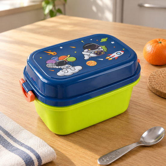 T&CO kids space astronaut bento lunch box in vibrant lime green and navy blue with orange latches and included stainless steel engraved spoon