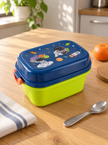 T&CO kids space astronaut bento lunch box in vibrant lime green and navy blue with orange latches and included stainless steel engraved spoon