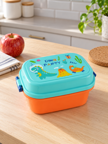 T&CO kids Dino Party bento lunch box with bright orange base and aqua blue lid featuring cartoon dinosaur illustrations and blue side latches