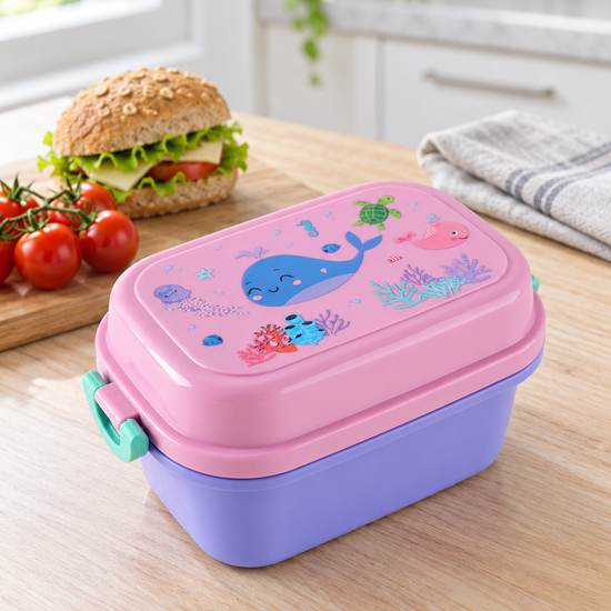 T&CO kids bento lunch box with cute ocean whale and sea turtle illustration, lavender purple base, pastel pink lid, and mint green locking clips