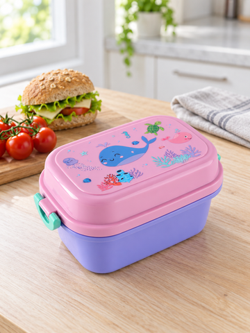 T&CO kids bento lunch box with cute ocean whale and sea turtle illustration, lavender purple base, pastel pink lid, and mint green locking clips