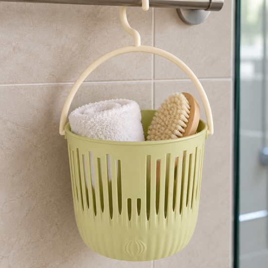T&CO sage green ventilated hanging shower and storage basket with swivel hook holding bath accessories 16cm
