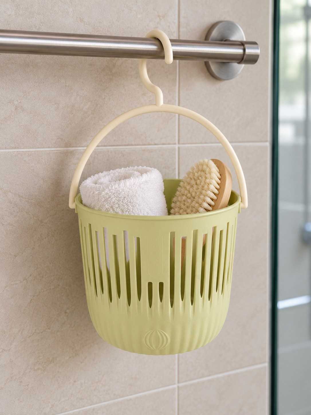 T&CO sage green ventilated hanging shower and storage basket with swivel hook holding bath accessories 16cm