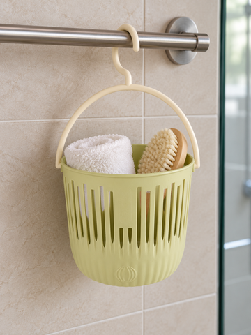 T&CO sage green ventilated hanging shower and storage basket with swivel hook holding bath accessories 16cm