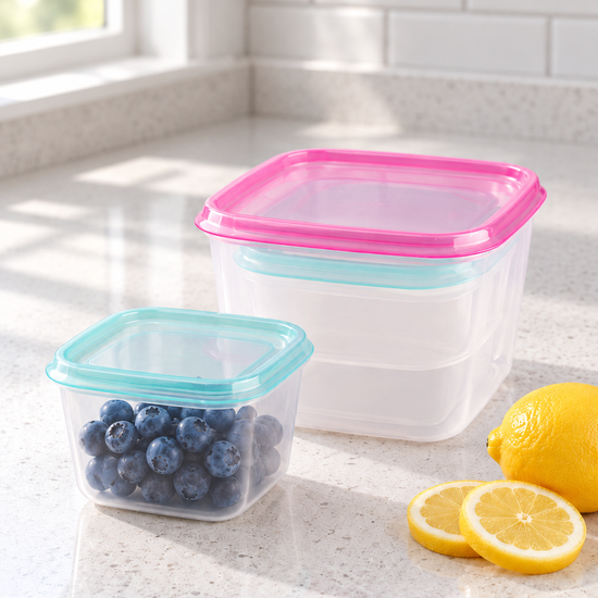 T&CO 4-piece nesting food storage container box set with vibrant magenta pink snap lids