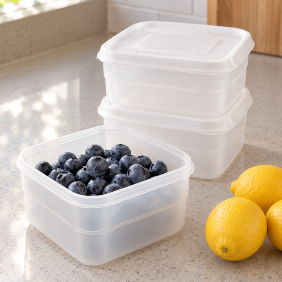T&CO 4-piece nesting square food storage container set with frosted translucent white lids