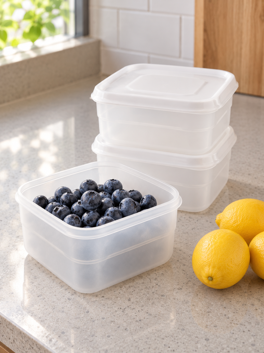 T&CO 4-piece nesting square food storage container set with frosted translucent white lids