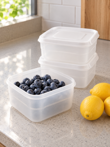 T&CO 4-piece nesting square food storage container set with frosted translucent white lids