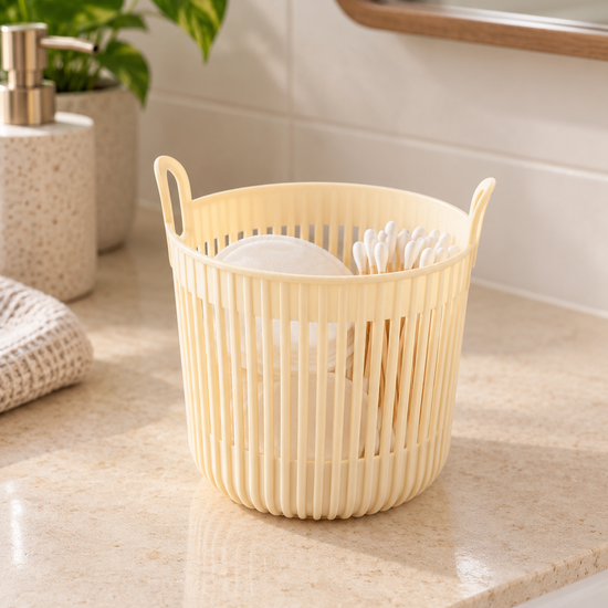 T&CO cream mini ribbed round vanity and desktop storage basket with dual handles 11cm diameter