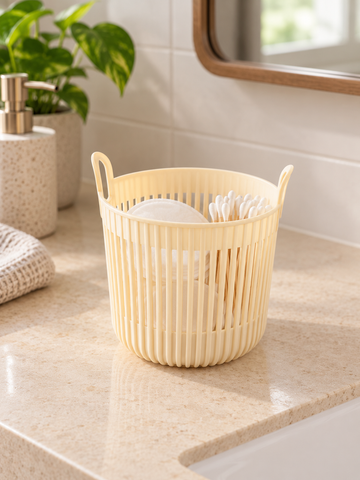 T&CO cream mini ribbed round vanity and desktop storage basket with dual handles 11cm diameter