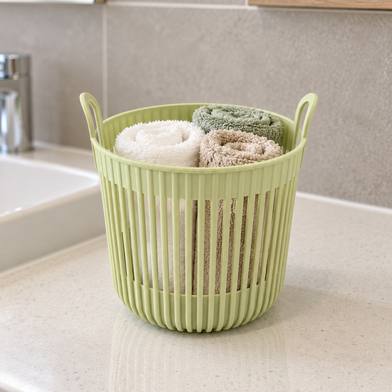 T&CO sage green mini ribbed desktop and bathroom vanity storage basket with handles 11cm