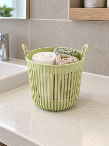 T&CO sage green mini ribbed desktop and bathroom vanity storage basket with handles 11cm