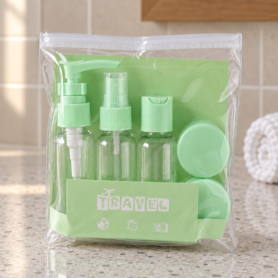 T&CO 5-piece refillable travel toiletry bottles and cream jars set in clear zipper pouch with pastel green caps