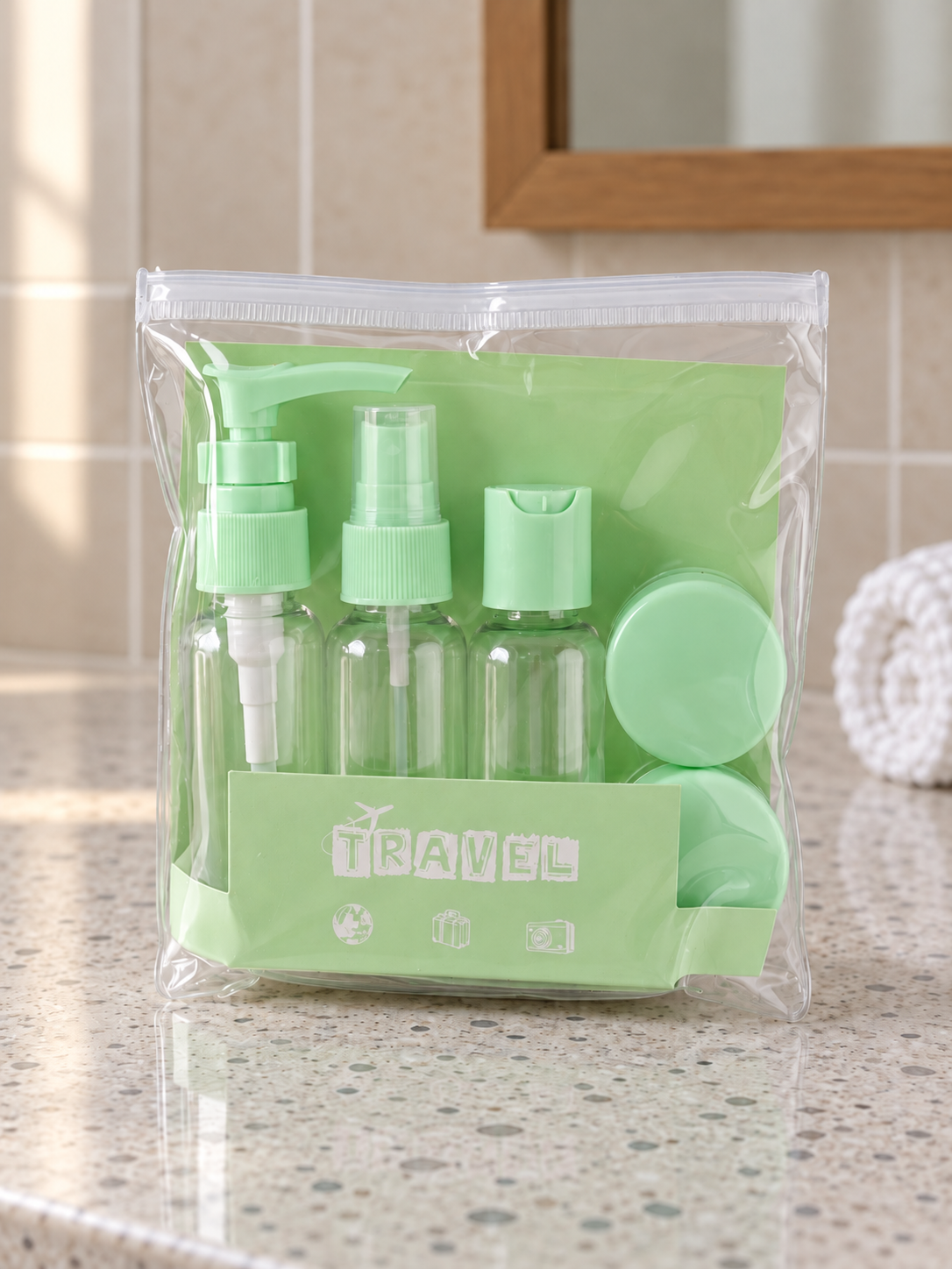 T&CO 5-piece refillable travel toiletry bottles and cream jars set in clear zipper pouch with pastel green caps