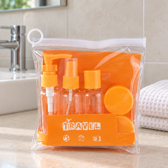 T&CO 5-piece refillable travel bottles and jars set in clear zipper pouch with bright orange caps