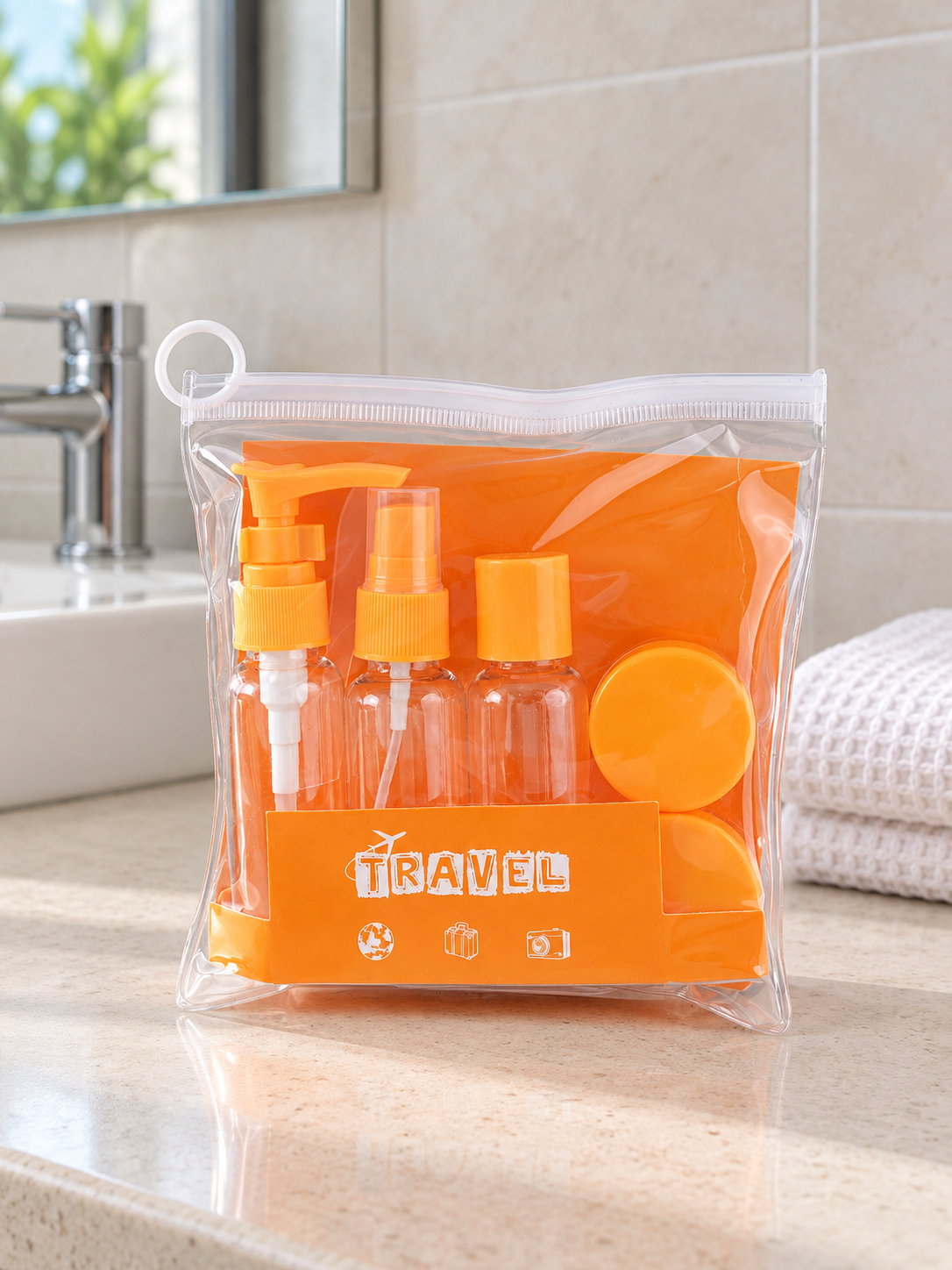 T&CO 5-piece refillable travel bottles and jars set in clear zipper pouch with bright orange caps