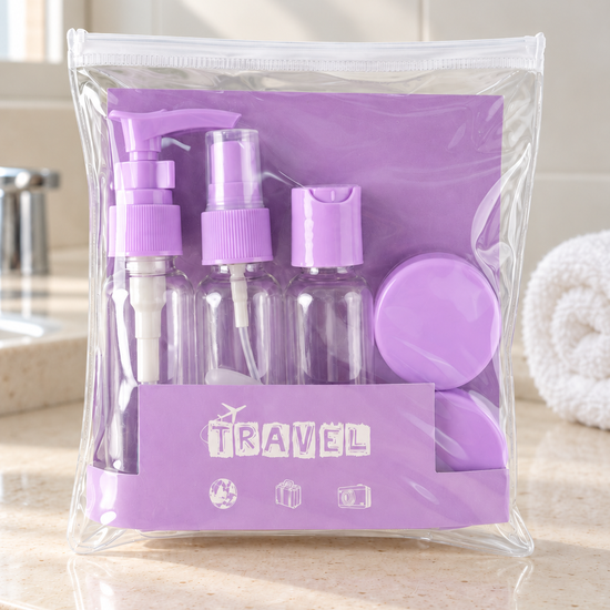 T&CO 5-piece refillable travel toiletry container set in clear zipper pouch with lavender purple caps