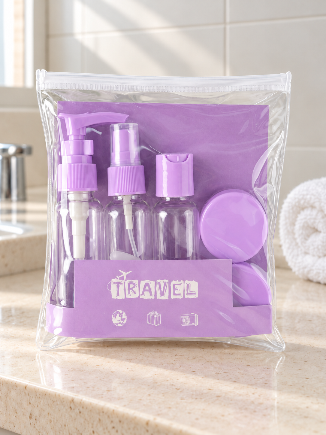 T&CO 5-piece refillable travel toiletry container set in clear zipper pouch with lavender purple caps
