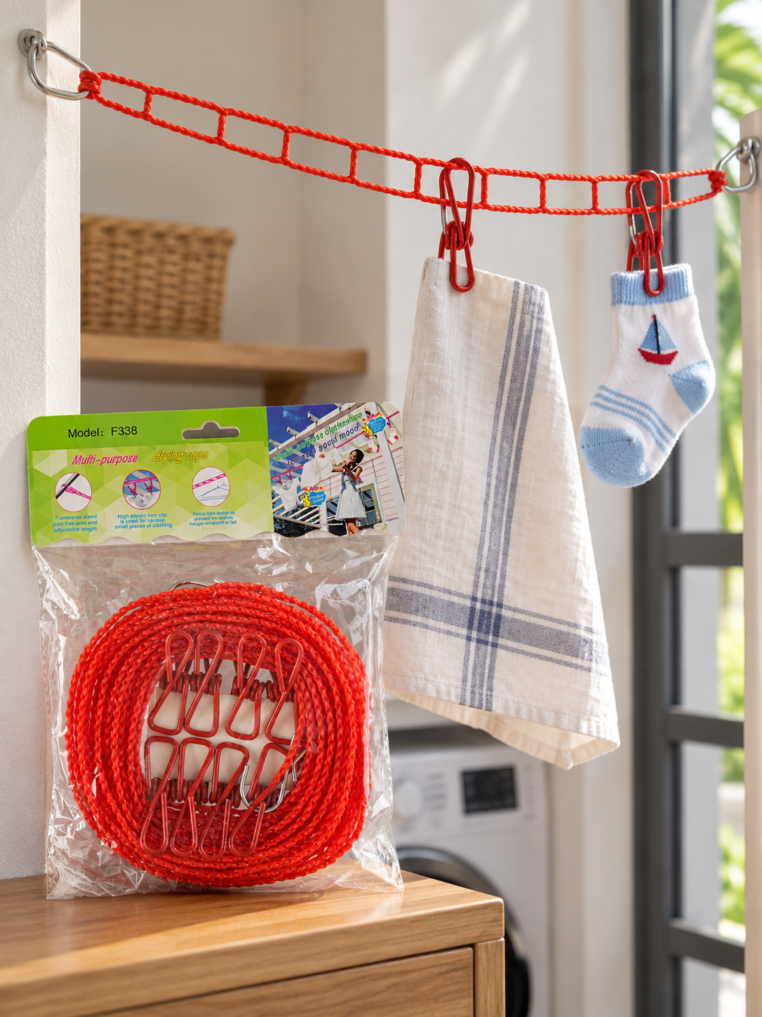 T&CO windproof portable clothesline drying rope in bright red with 12 coated metal clothespins and dual steel hooks