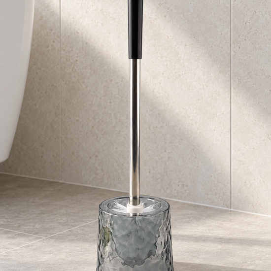 T&CO modern water-ripple textured acrylic toilet brush holder in smoke grey with stainless steel handle