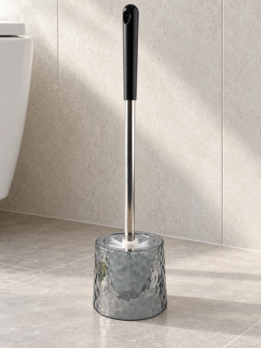 T&CO modern water-ripple textured acrylic toilet brush holder in smoke grey with stainless steel handle