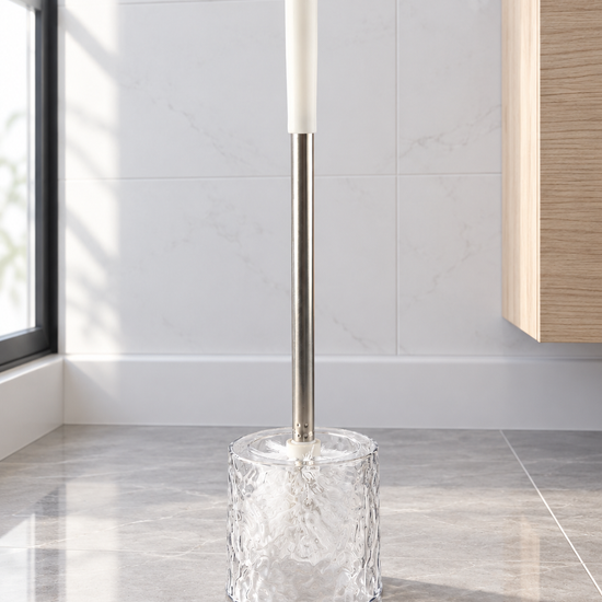 T&CO crystal clear water-ripple textured acrylic toilet brush holder with white handle grip and steel wand