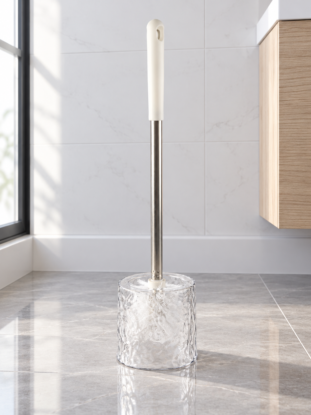 T&CO crystal clear water-ripple textured acrylic toilet brush holder with white handle grip and steel wand