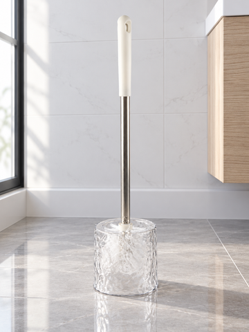 T&CO crystal clear water-ripple textured acrylic toilet brush holder with white handle grip and steel wand