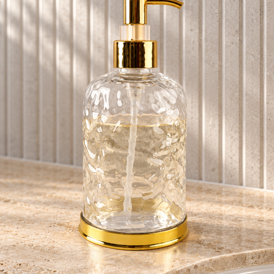T&CO luxury clear water-ripple textured glass liquid soap dispenser with metallic gold pump and base ring