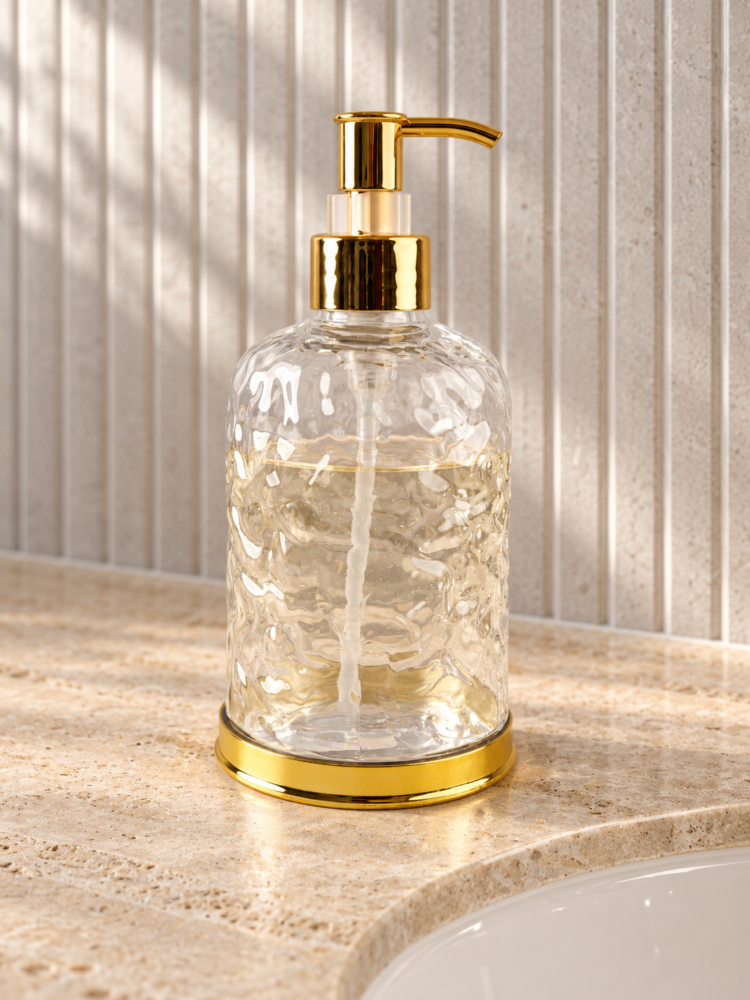 T&CO luxury clear water-ripple textured glass liquid soap dispenser with metallic gold pump and base ring
