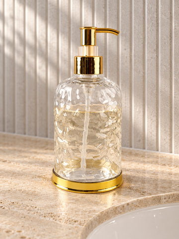T&CO luxury clear water-ripple textured glass liquid soap dispenser with metallic gold pump and base ring