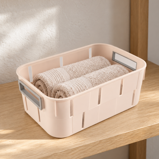 T&CO beige rectangular ventilated plastic storage tub basket with grey carry handles 23.5cm x 14cm x 8.5cm