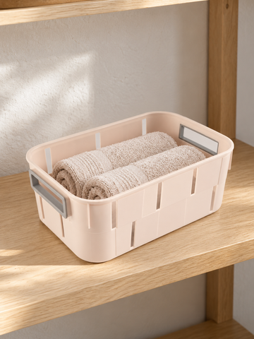 T&CO beige rectangular ventilated plastic storage tub basket with grey carry handles 23.5cm x 14cm x 8.5cm