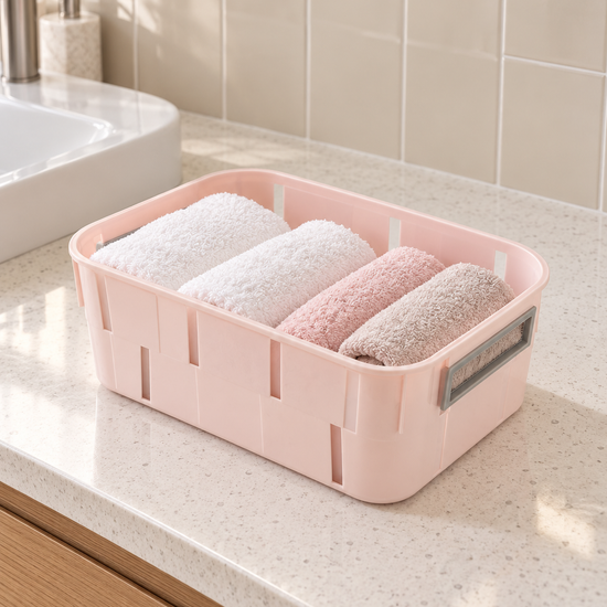T&CO pastel pink rectangular ventilated plastic storage tub basket with grey carry handles 23.5cm x 14cm x 8.5cm