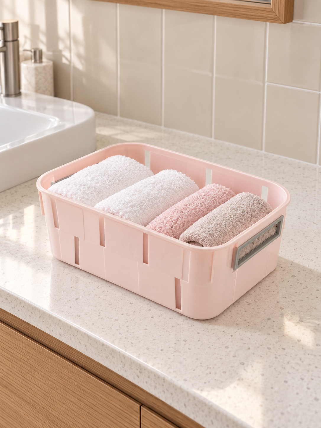 T&CO pastel pink rectangular ventilated plastic storage tub basket with grey carry handles 23.5cm x 14cm x 8.5cm