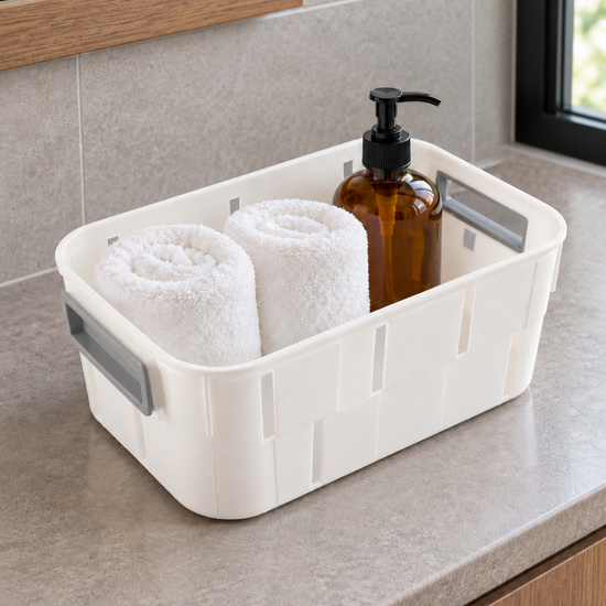 T&CO clean white rectangular ventilated plastic storage tub basket with grey carry handles 23.5cm x 14cm x 8.5cm