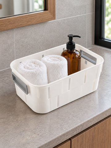 T&CO clean white rectangular ventilated plastic storage tub basket with grey carry handles 23.5cm x 14cm x 8.5cm