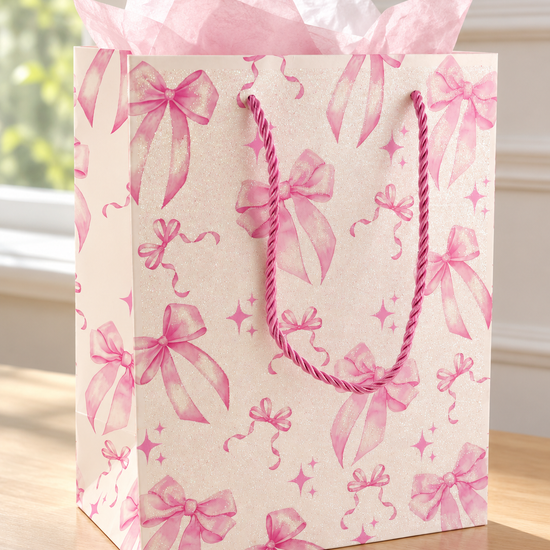 Small glitter white gift bag printed with watercolor pink ribbon bows and pink twisted rope handles with pink tissue paper