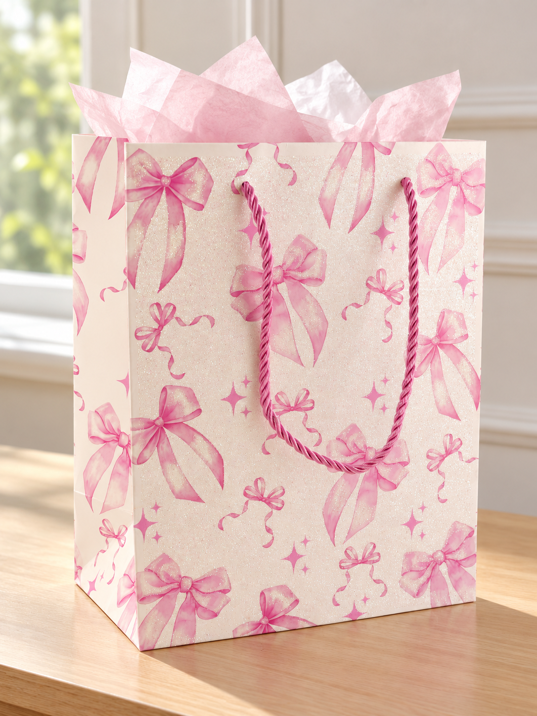 Small glitter white gift bag printed with watercolor pink ribbon bows and pink twisted rope handles with pink tissue paper