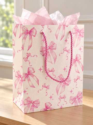 Small glitter white gift bag printed with watercolor pink ribbon bows and pink twisted rope handles with pink tissue paper