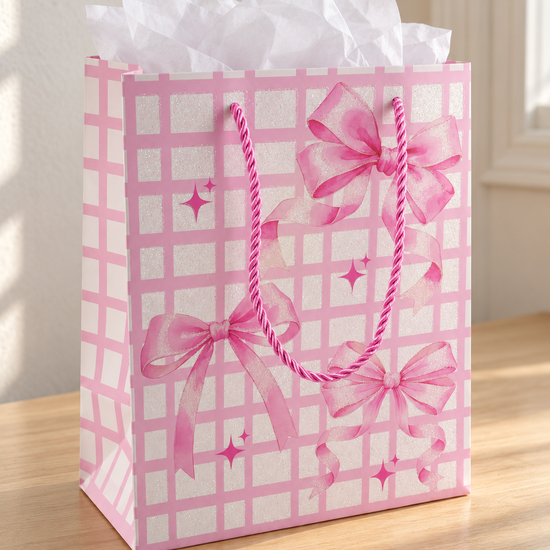 Small pink and white check plaid gift bag adorned with pink organza ribbon bows, glitter finish, and pink rope handles