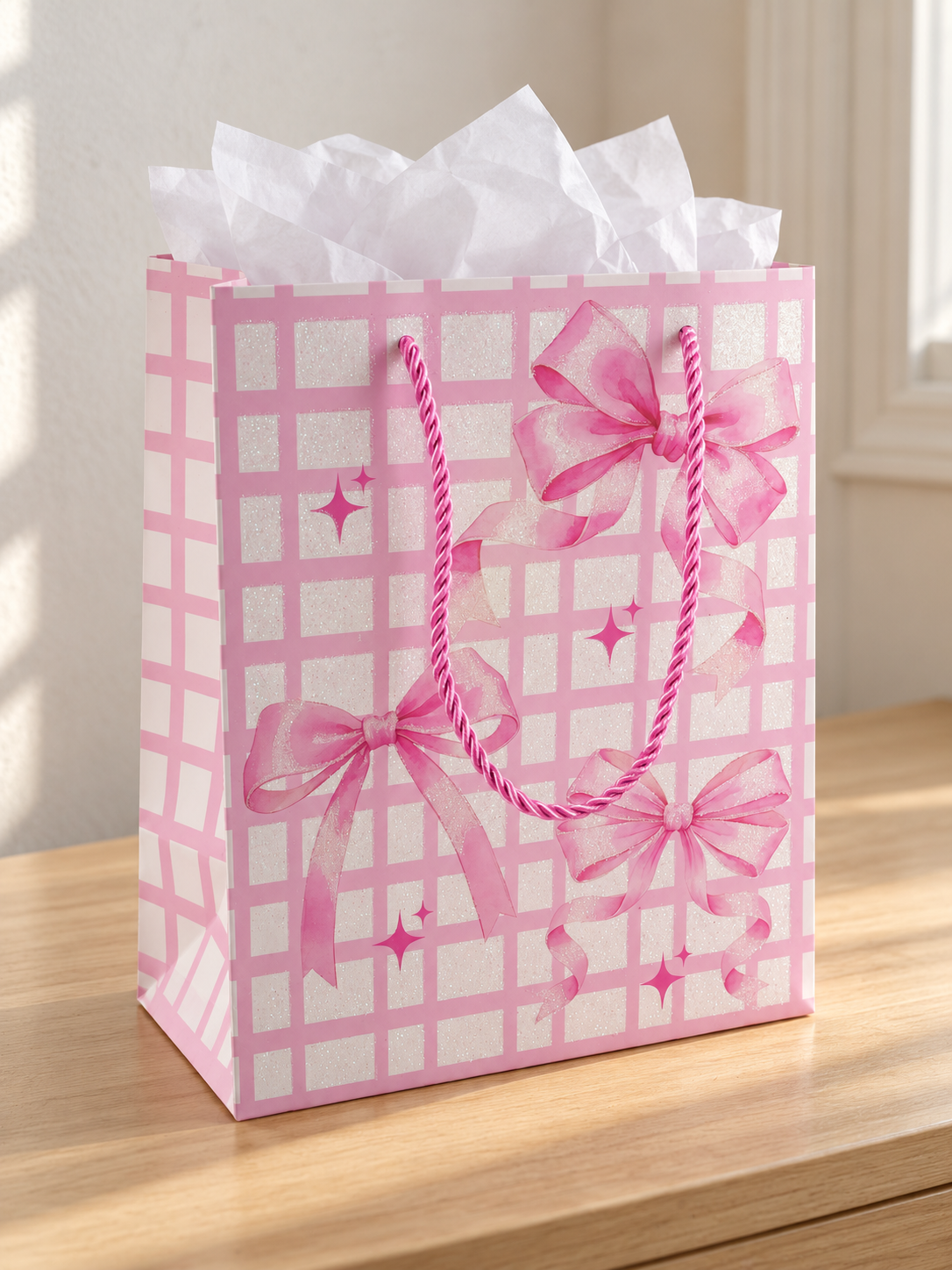 Small pink and white check plaid gift bag adorned with pink organza ribbon bows, glitter finish, and pink rope handles
