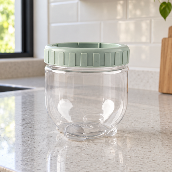 T&CO clear glass kitchen storage jar with ribbed slate blue twist-lock lid and molded feet base 9cm height by 9cm diameter