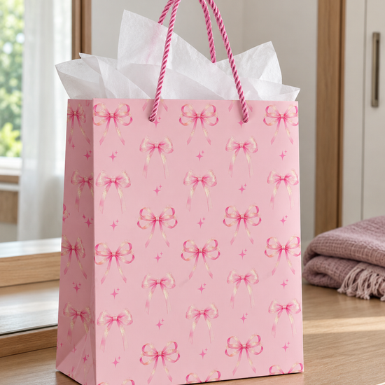 Small pastel pink gift bag printed with orderly rows of pink ribbon bows, pink braided rope handles, and white tissue paper
