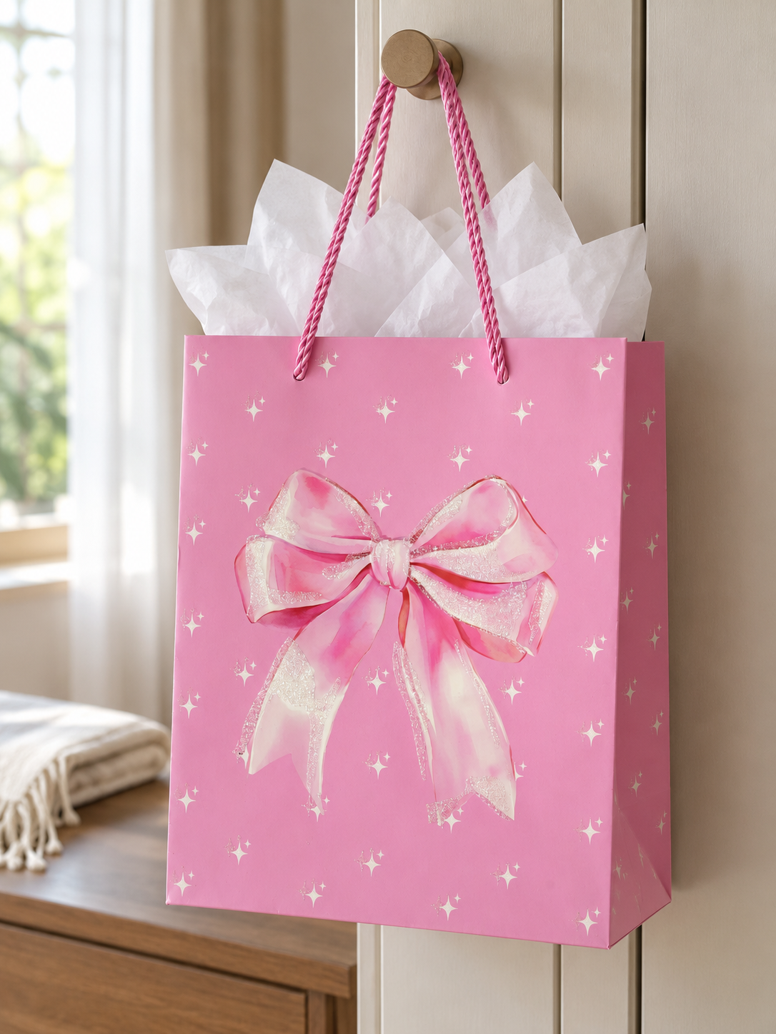 Small vibrant pink gift bag featuring an oversized glittery pink ribbon bow centerpiece, starbursts, and pink braided rope handles
